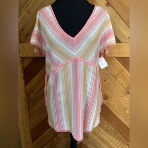Liz Claiborne Axcess Striped V-Neck Top in Pink, White & Tan